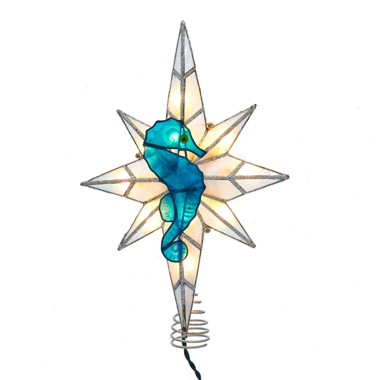 KSA 11.25" Lighted Blue and Silver Bethlehem Star with Seahorse Christmas Tree Topper, Clear Lights